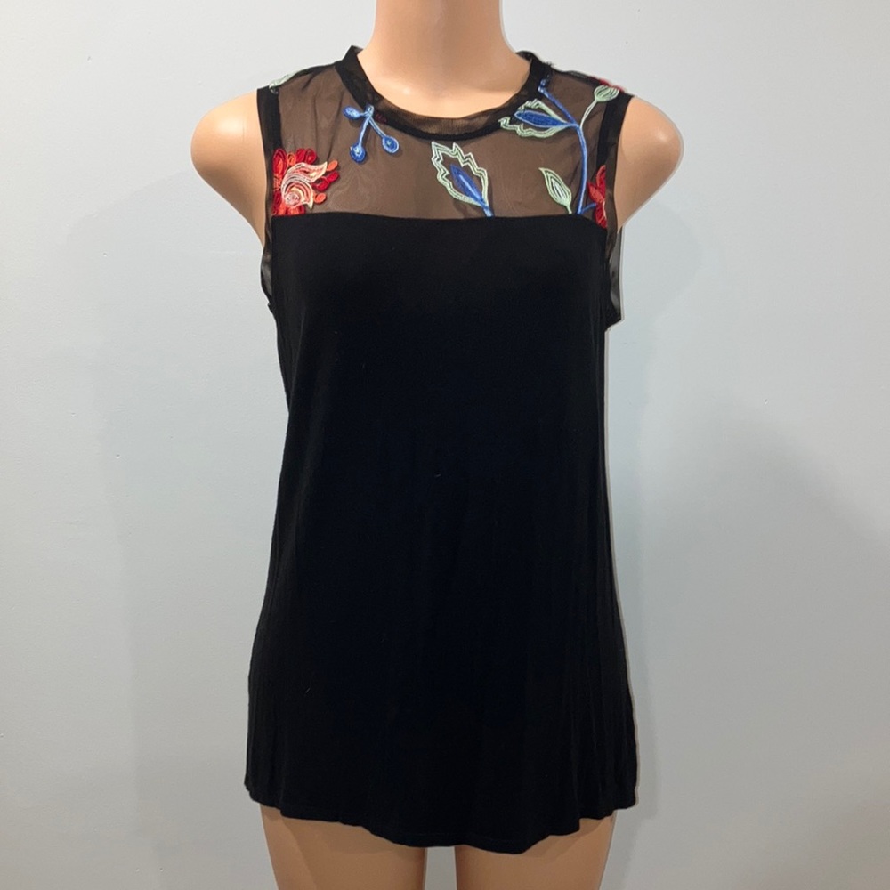 Kim & Cami Floral Embroidered Black Crewneck Tank Top‎ with Sheer Netting